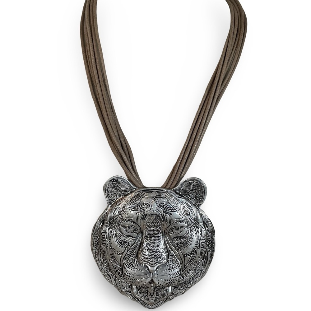 Silver Tiger Pendant on Suede Cord Necklace